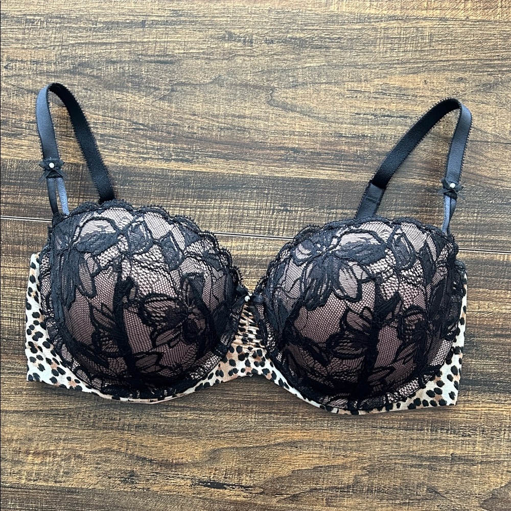 VS Leopard and Black Lace Push Up Bra